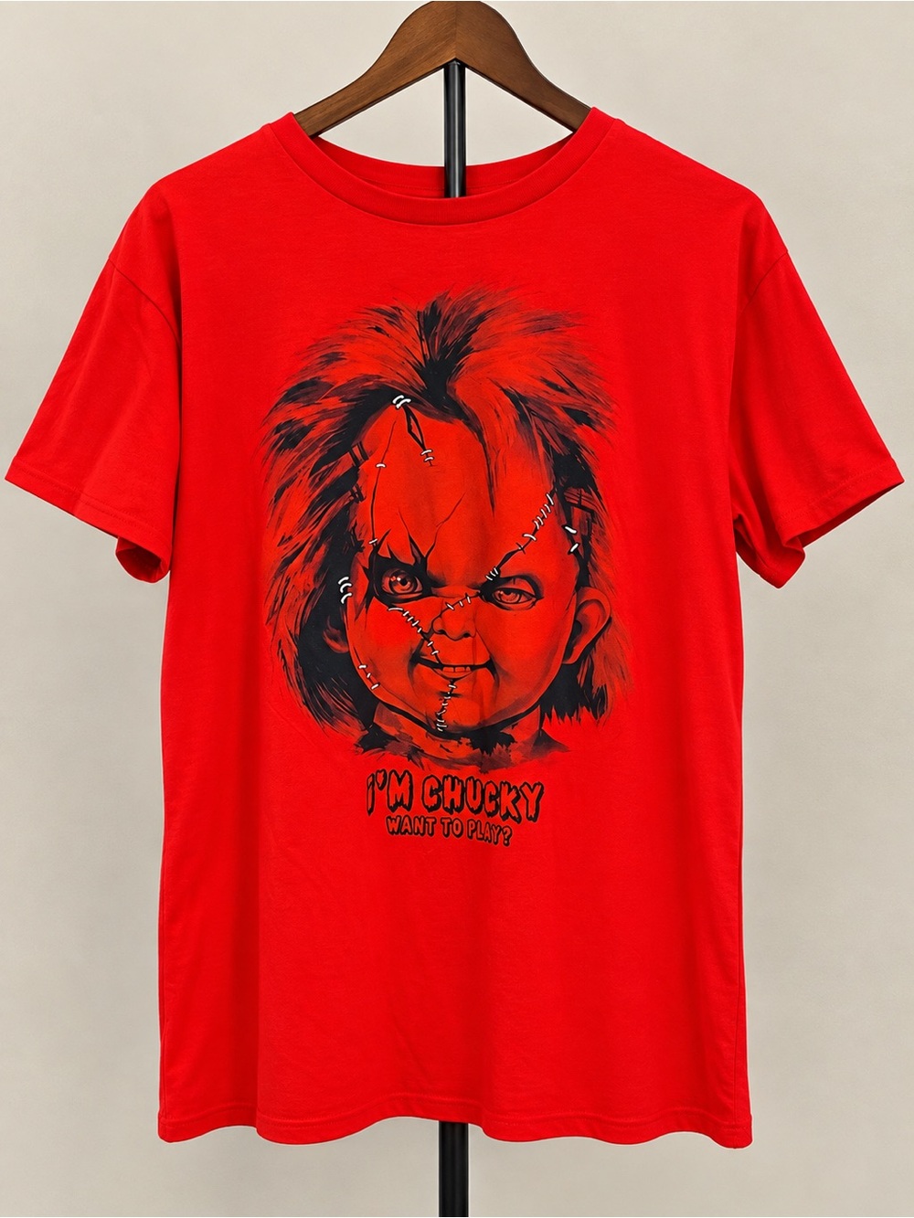 Chucky “Wanna Play?” Men’s XL Red Horror Graphic T-Shirt – Child’s Play